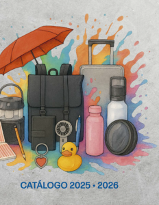Portada del catálogo de artículos promocionales 2025/26 con imágenes de mochila, maleta, termo, antiestres para eventos corporativos y regalos de marca.