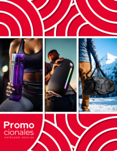 Portada del catálogo de artículos promocionales 2025/26 con imágenes de botella deportiva, bocina bluetooth y maleta de viaje para eventos corporativos y regalos de marca.