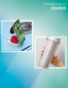 Portada del catálogo de artículos promocionales 2024/25 con imagen de vaso tipo tumbler transparente con popote y soporte para celular con cargador inalámbrico.