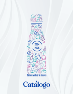Portada del catálogo de artículos promocionales 2024-2025 con silueta de botella formada por íconos de productos corporativos como termos, mochilas, tazas y libretas